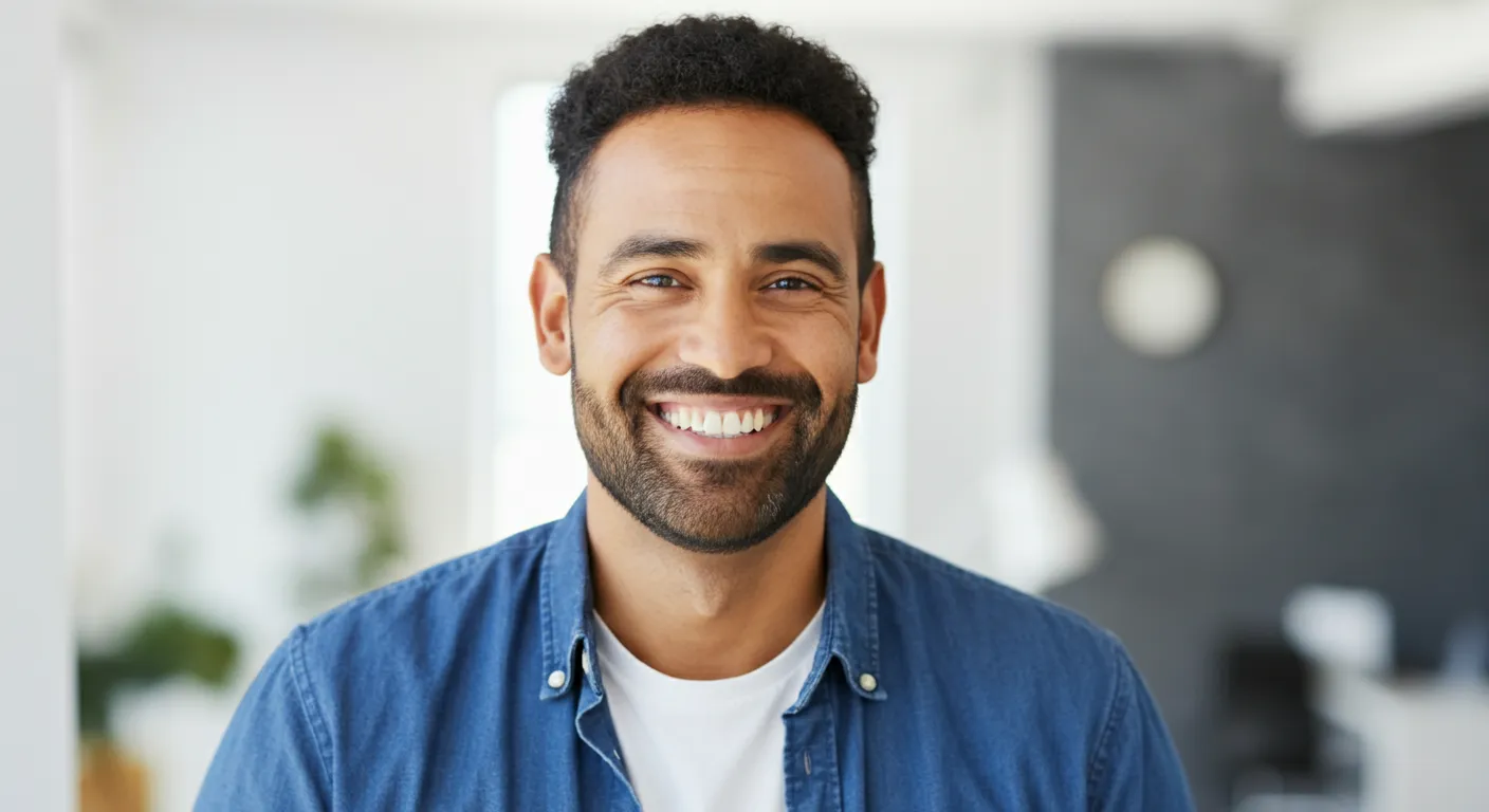 Smiling man with beard wearing a blue shirt and white t-shirt in a bright indoor setting.