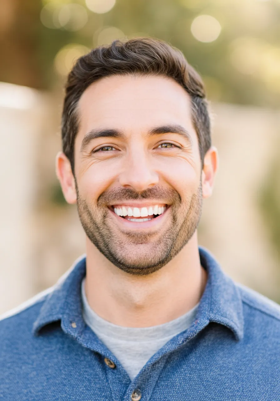 Smiling man with short brown hair, beard, wearing blue shirt outdoors with blurred background.