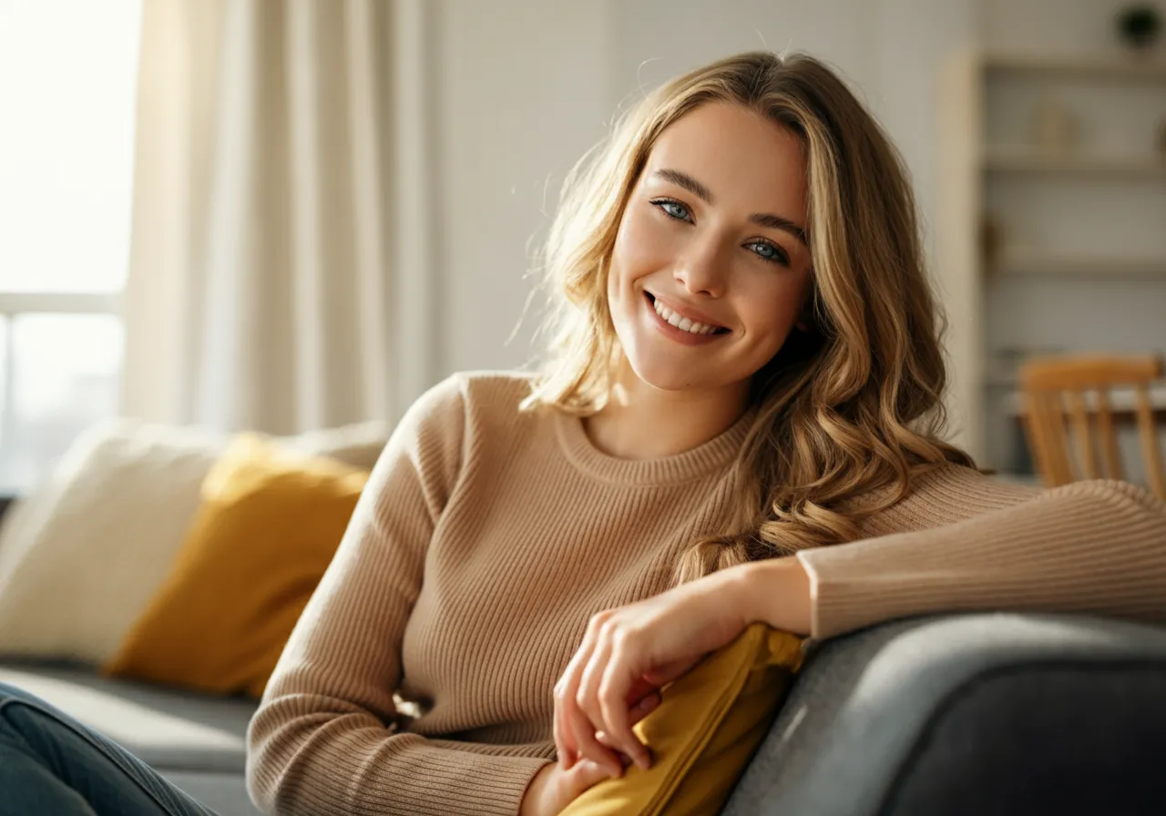 Smiling woman with wavy blonde hair wearing a beige sweater sitting on a couch indoors.