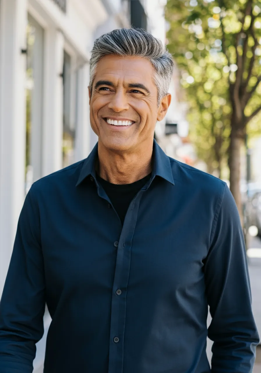 Smiling middle-aged man with gray hair wearing a navy blue shirt standing outdoors near trees.