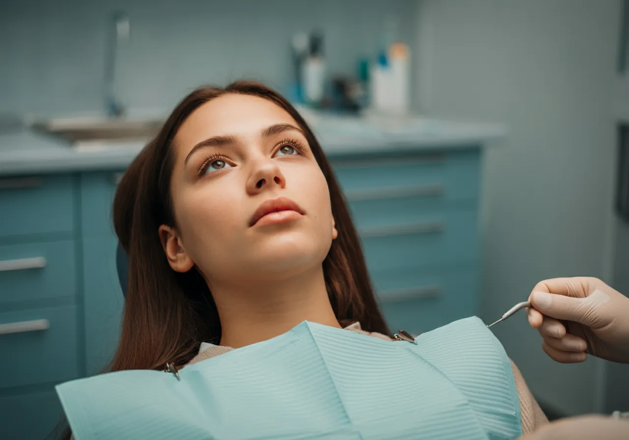 Young woman in dental chair wearing a blue dental bib during a dental check-up.