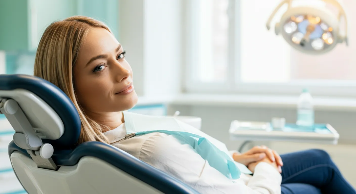 Smiling woman reclining in a dental chair with a bib in a bright dental office.