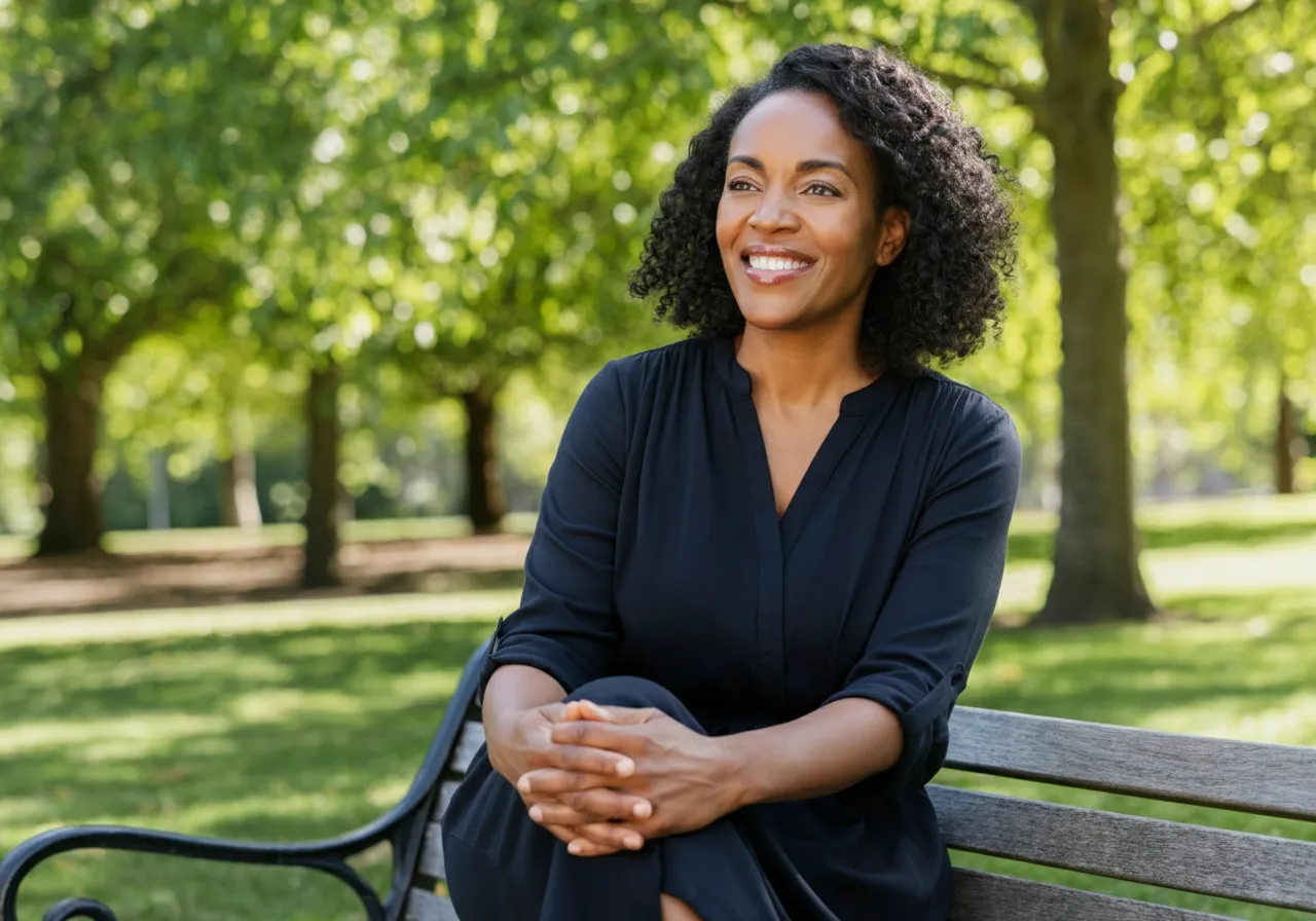 Smiling woman with curly hair in black outfit sitting on park bench with trees and greenery behind.