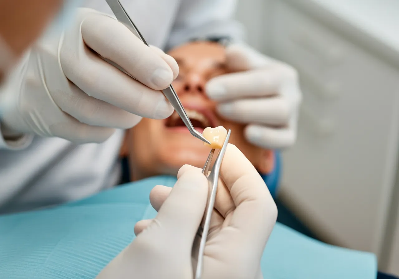 Dentist wearing gloves holding dental crown with tweezers near a patient’s open mouth.