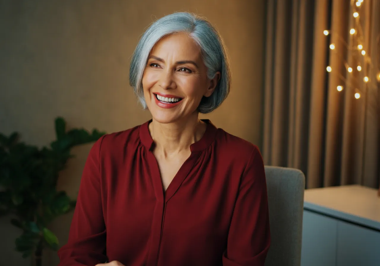 Smiling middle-aged woman with gray hair wearing a red blouse, sitting indoors with warm lighting.