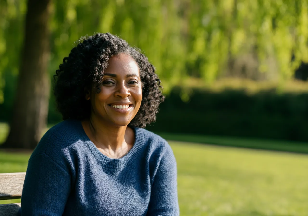 Smiling woman with curly hair wearing a blue sweater sitting on a bench in a green park.