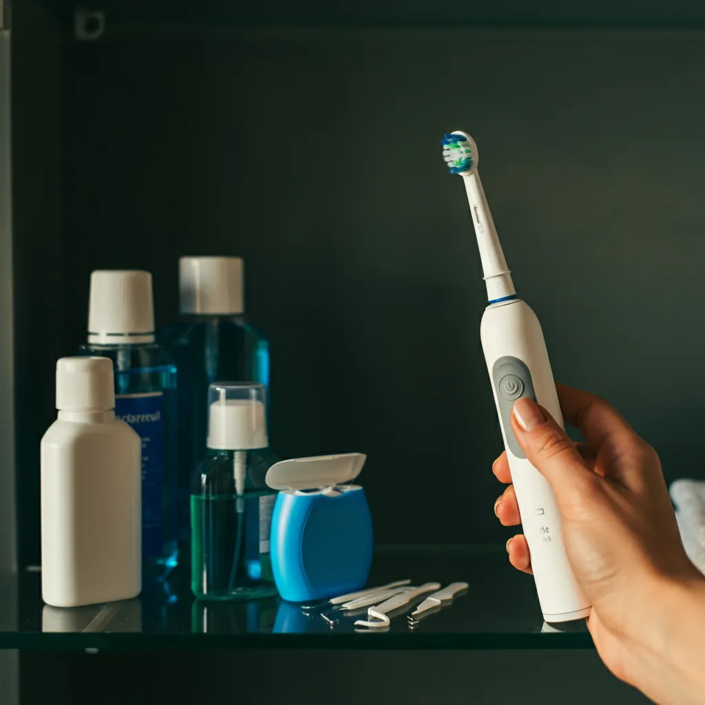 Hand holding a white electric toothbrush near various dental hygiene products on a glass shelf.