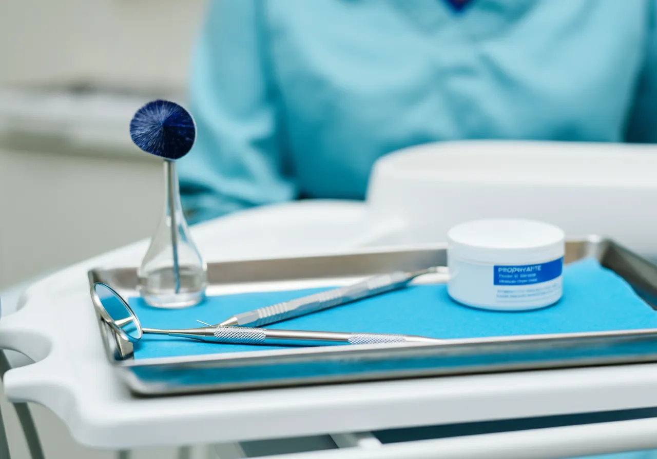Dental tools and polishing paste on tray in a dental office with blurred technician in background.