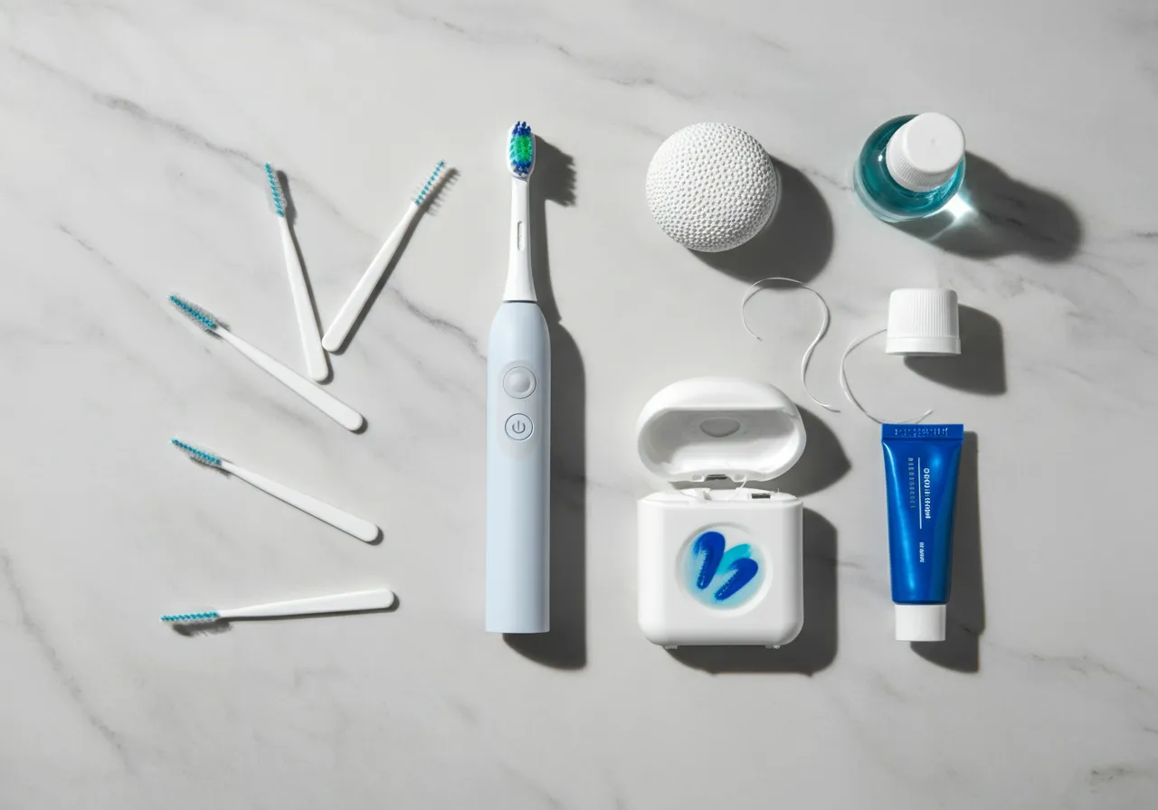 Electric toothbrush with six interdental brushes, dental floss, mouthwash, and toothpaste on a gray surface.
