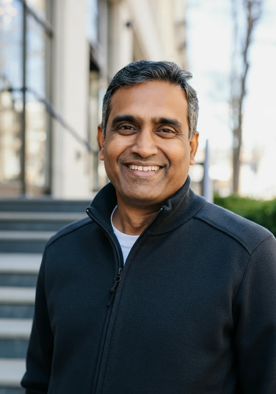 Smiling middle-aged man wearing a black zip-up jacket outdoors near steps and greenery.