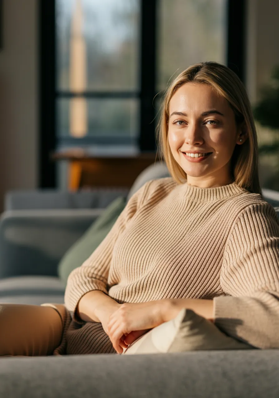 Young woman in beige sweater smiling while sitting on a gray couch in a sunlit room.