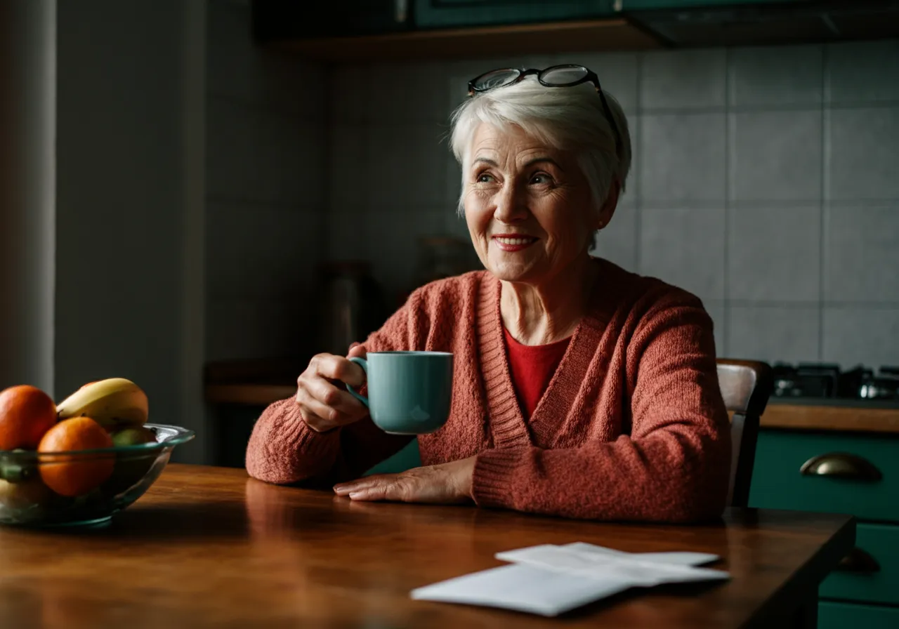 Smiling elderly woman in a wool sweater holding a mug sitting at a wooden table with fruit bowl.