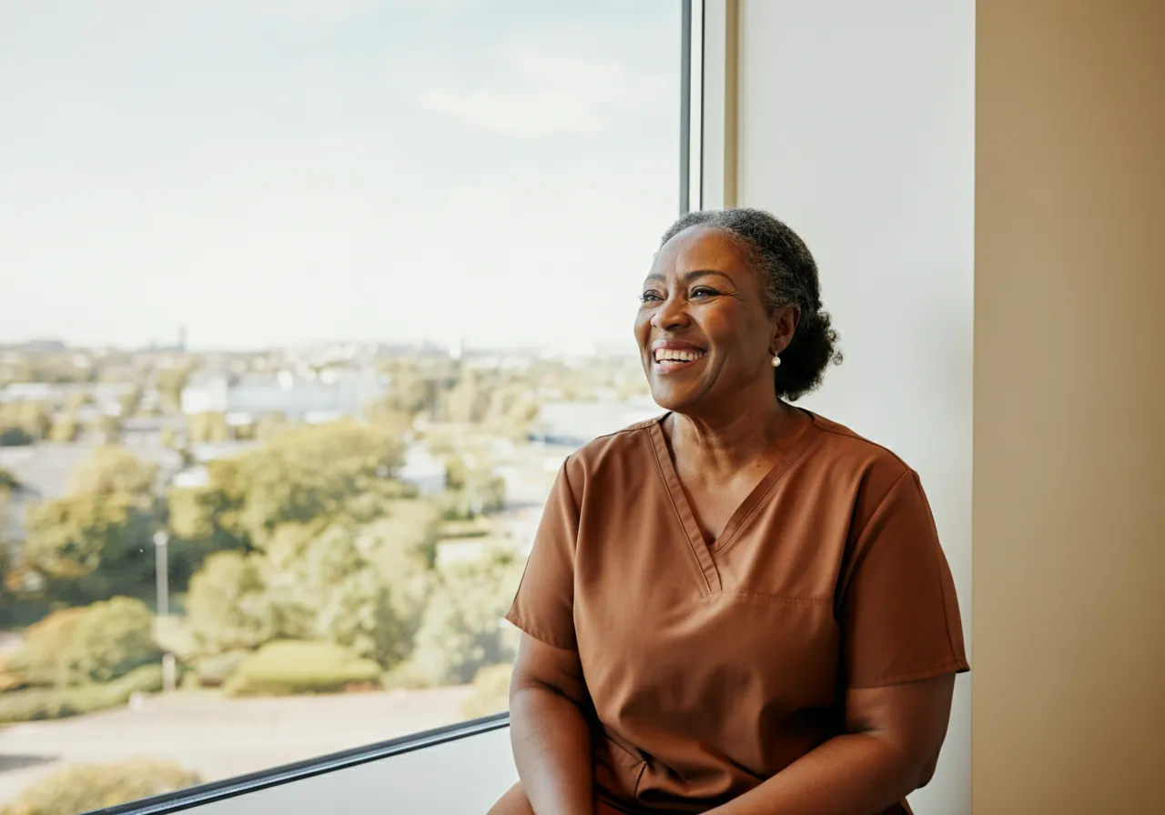 Smiling older woman in brown scrubs sitting by window with green trees and buildings outside.