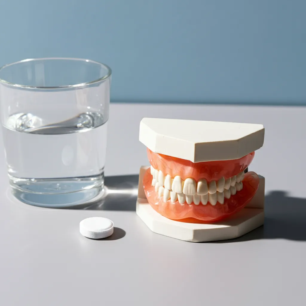 Dentures on a stand beside a glass of water and a white tablet on a gray surface.