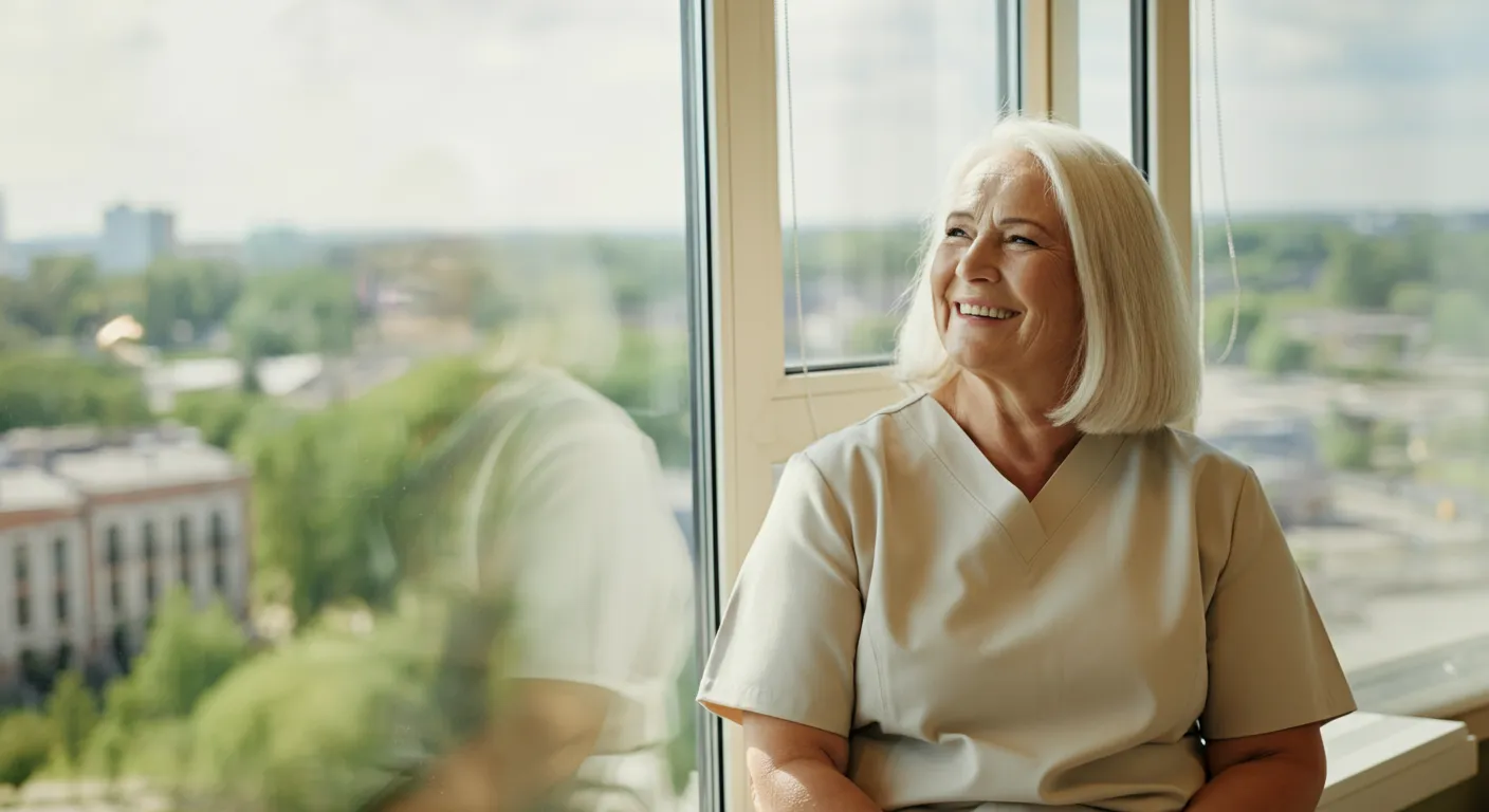 Smiling elderly woman in beige scrubs sitting by a large window with a sunny outdoor view.