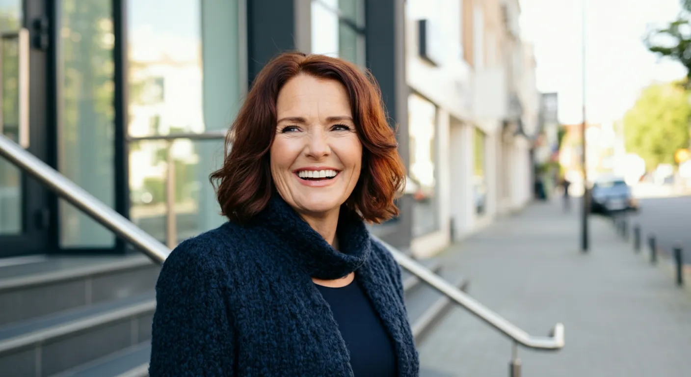 Smiling middle-aged woman with red hair wearing a dark sweater outdoors near stairs.