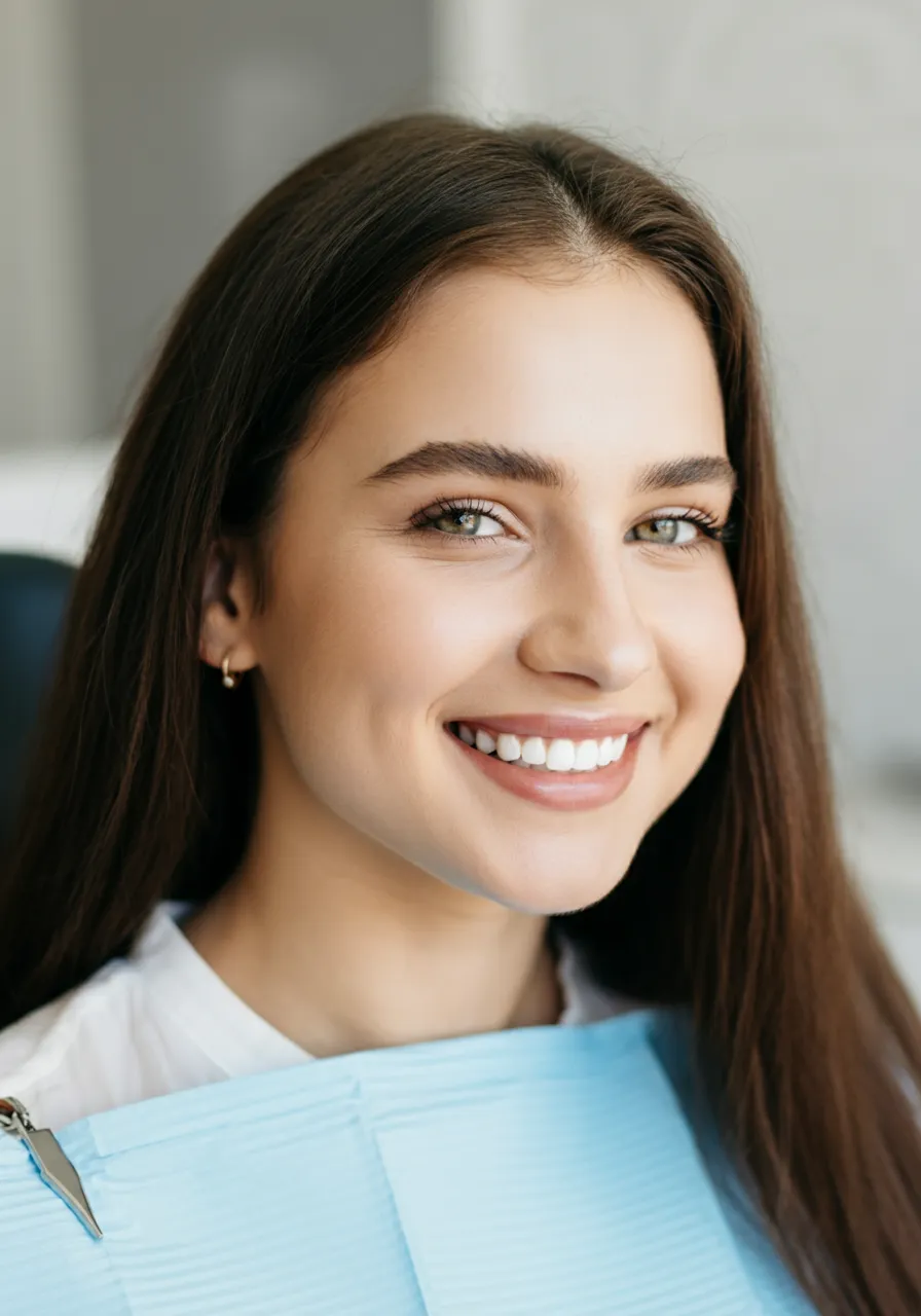 Smiling young woman with long brown hair and white teeth wearing a dental bib.