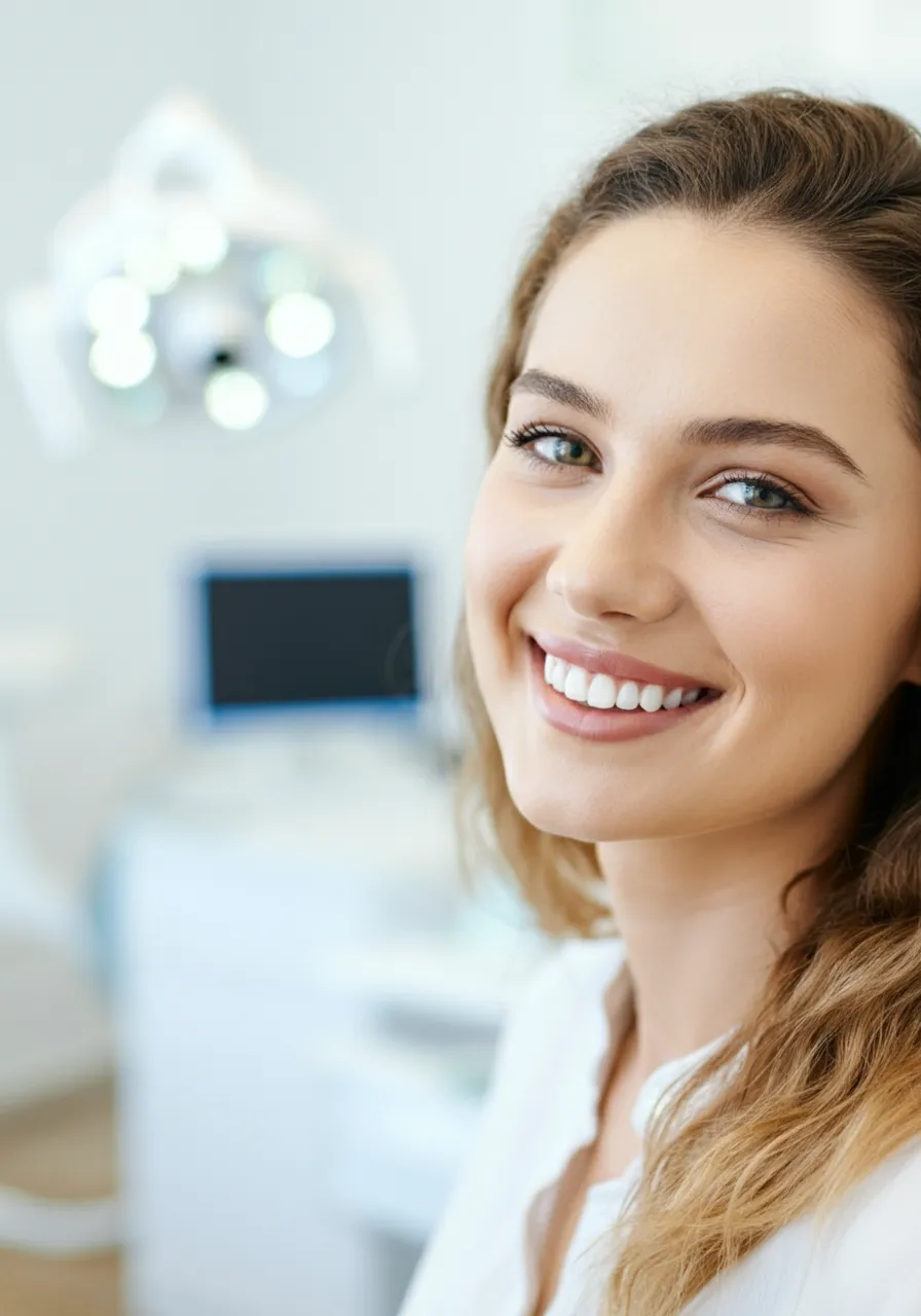 Smiling young woman with healthy teeth in a dental clinic setting.