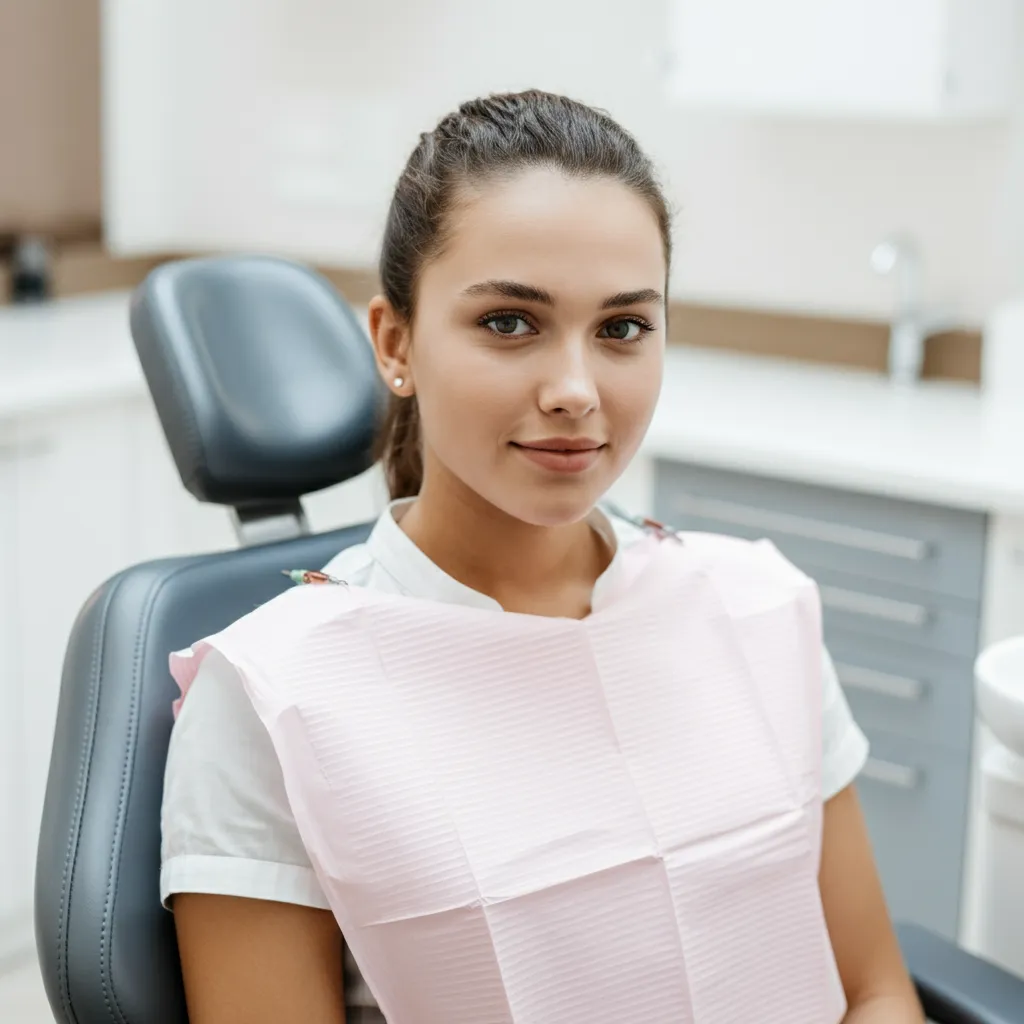 Young woman sitting in a dental chair with a pink dental bib in a dental office.