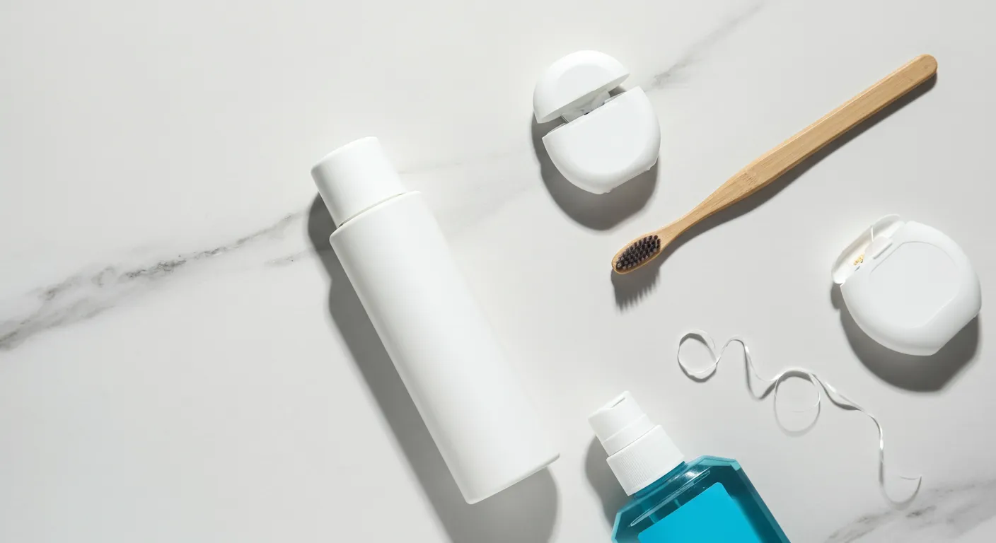 Oral care items including a white bottle, bamboo toothbrush, dental floss, and mouthwash on marble surface.