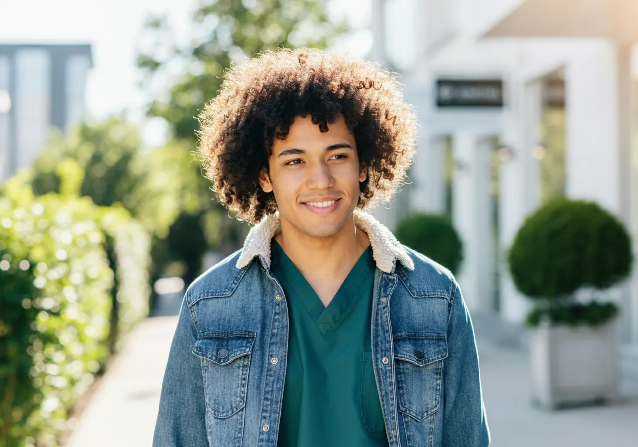 Young man with curly hair wearing green scrubs and a denim jacket, standing outdoors on a sunny day.