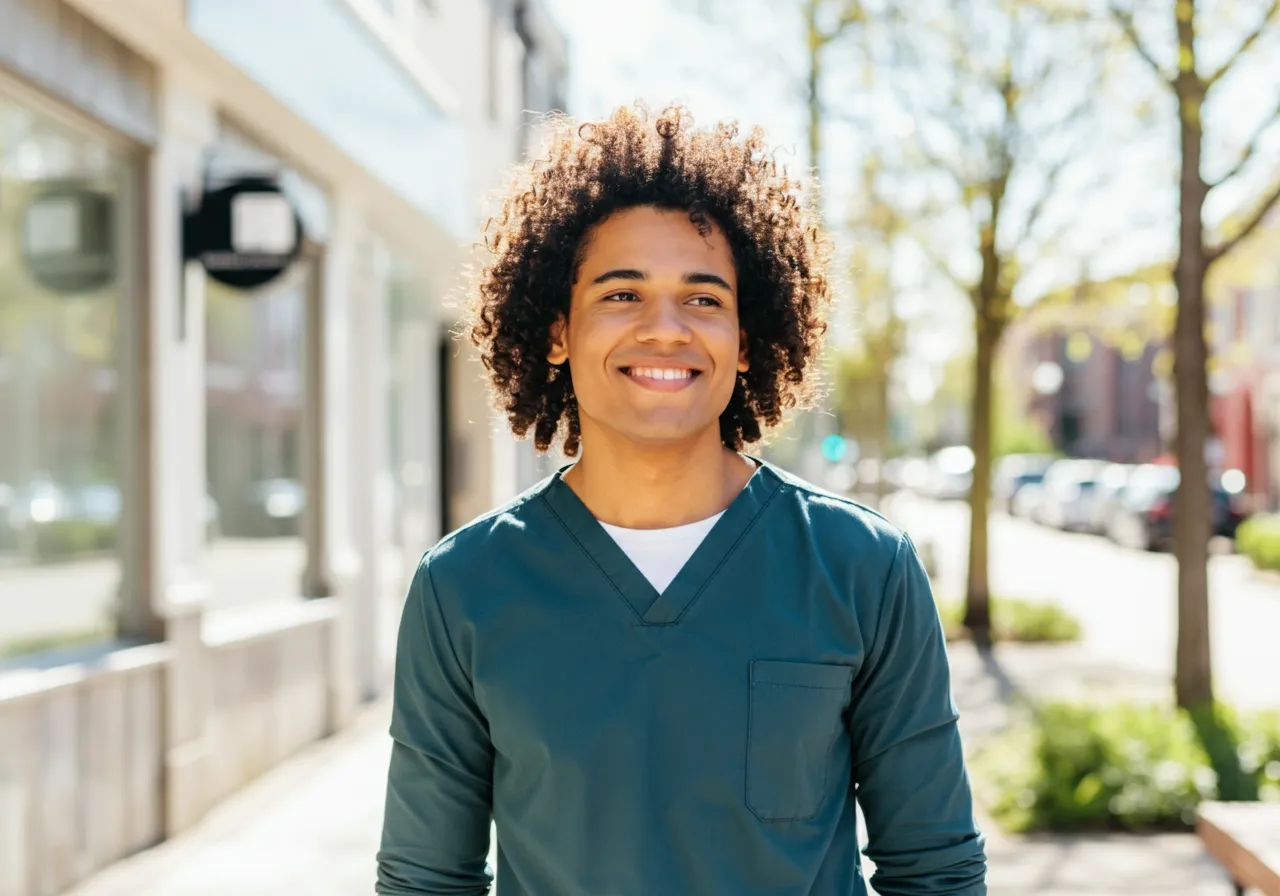 Smiling young man with curly hair wearing green medical scrubs outdoors on a sunny day.