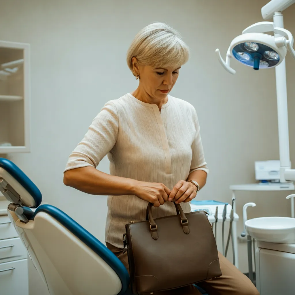 Middle-aged woman holding a brown handbag sitting on a dental chair in a dental office.