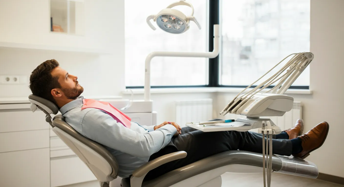 A man reclines in a dental chair wearing a dental bib in a bright dental office.