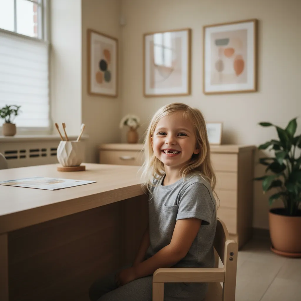 Smiling blonde girl sitting at a wooden desk in a cozy room with plants and abstract art.