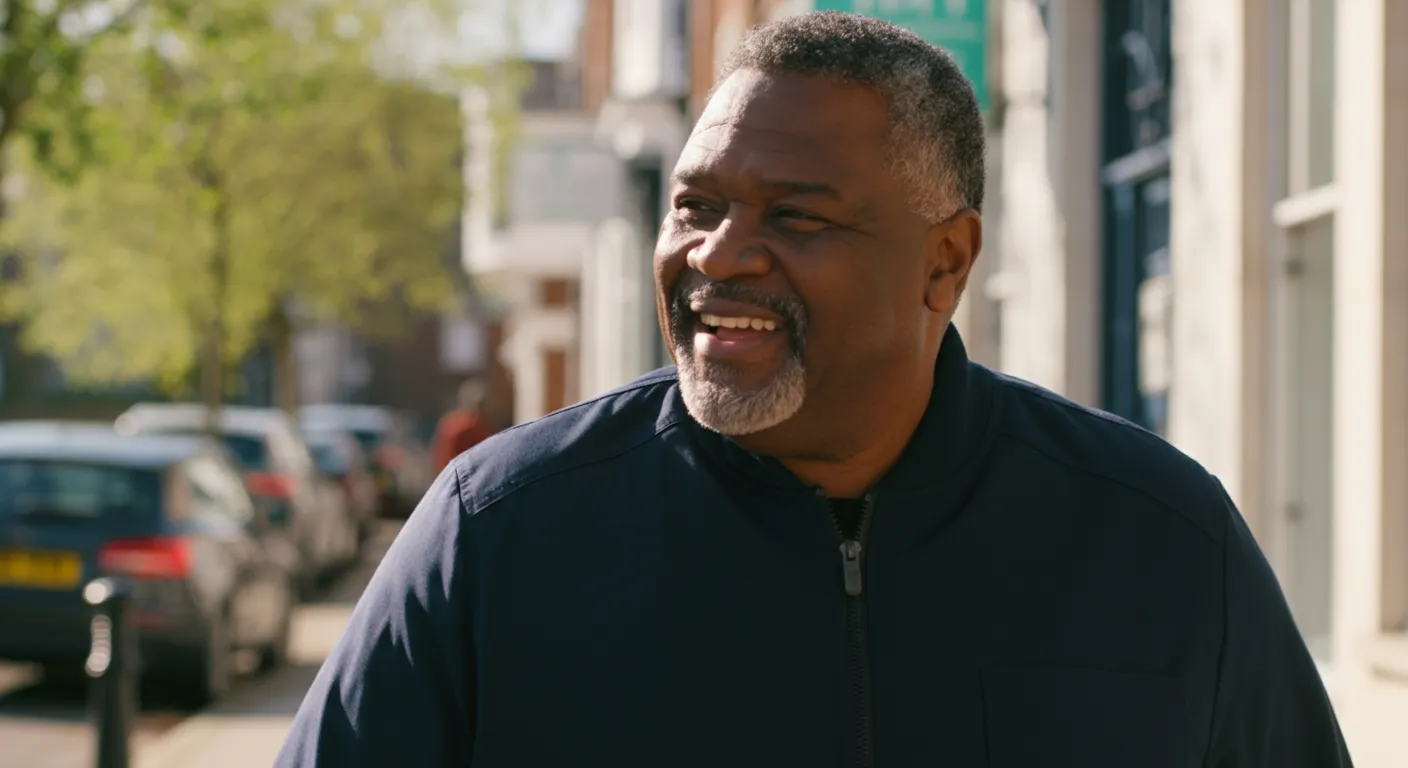 Smiling middle-aged man with salt-and-pepper beard walking outdoors on a sunny street.