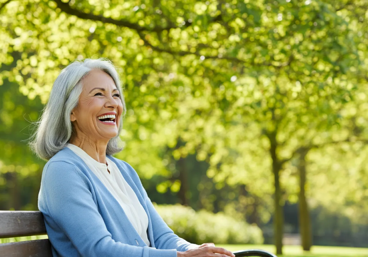 Smiling elderly woman with gray hair sitting on park bench under green trees.