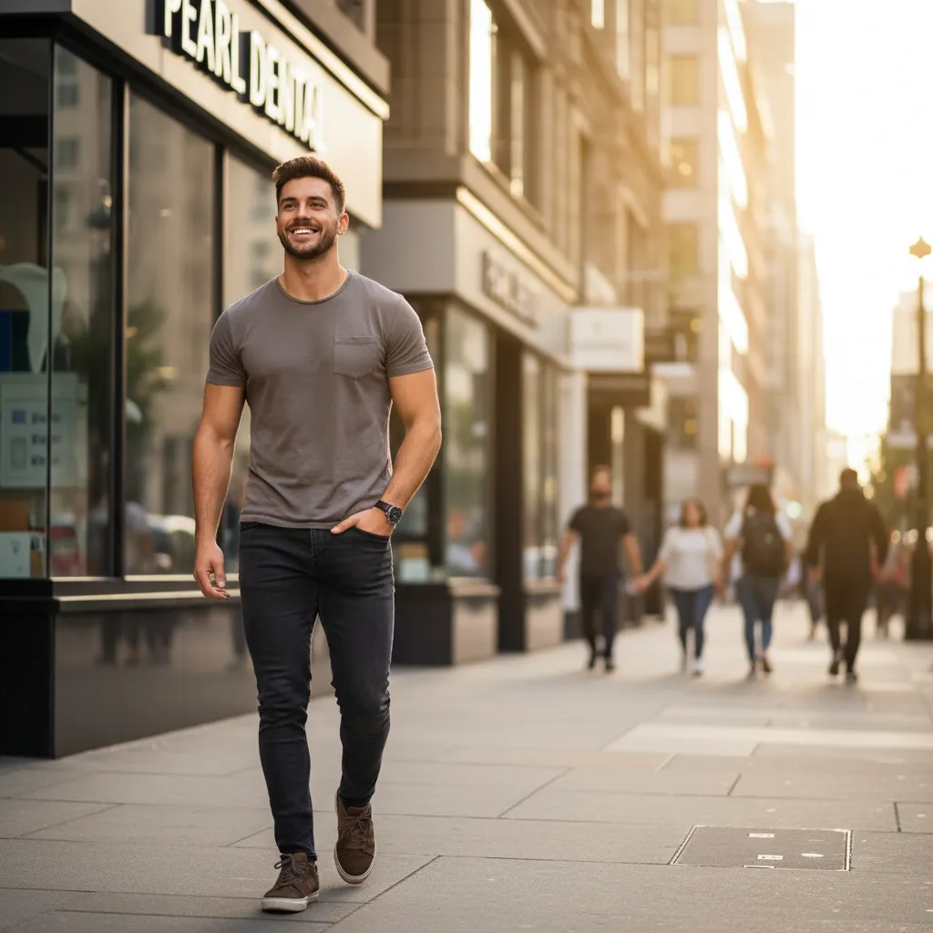 Smiling man in gray shirt and black jeans walking on city sidewalk near Pearl Dental office.