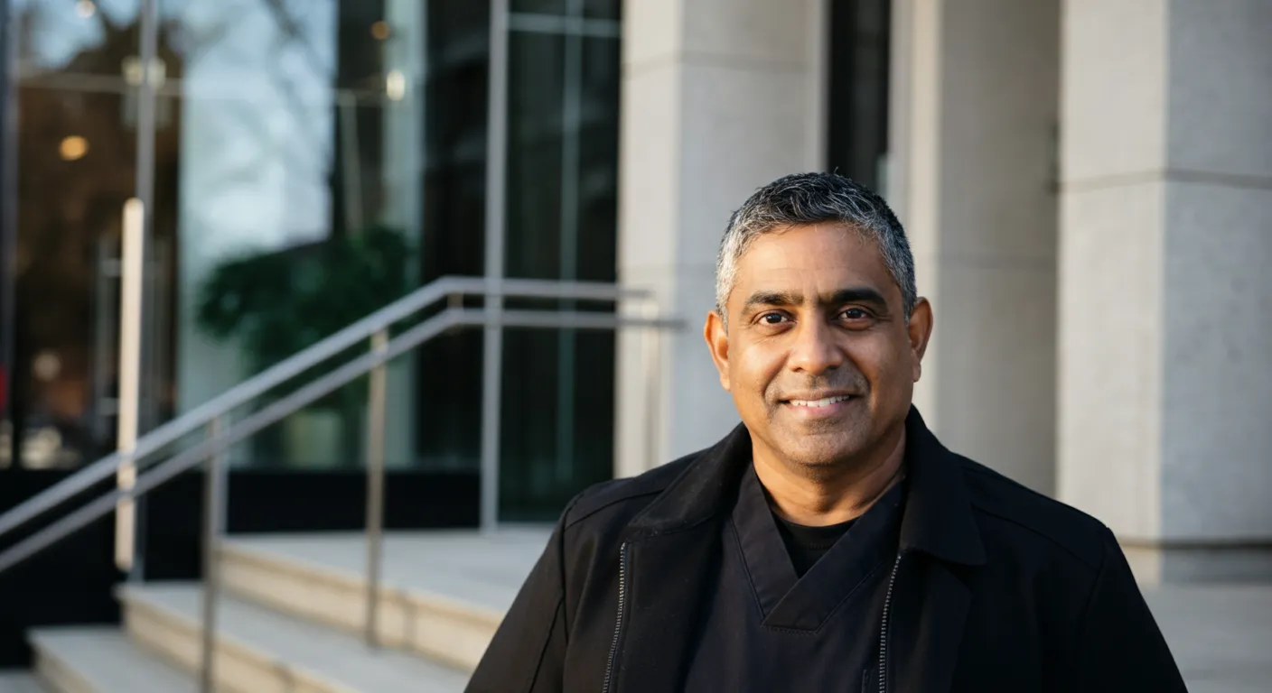 Smiling middle-aged man with gray hair wearing a black jacket standing near building steps.