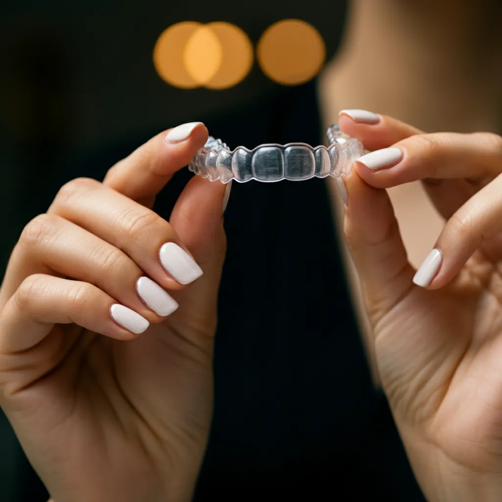 Hands with white nail polish holding a clear dental aligner for teeth straightening.