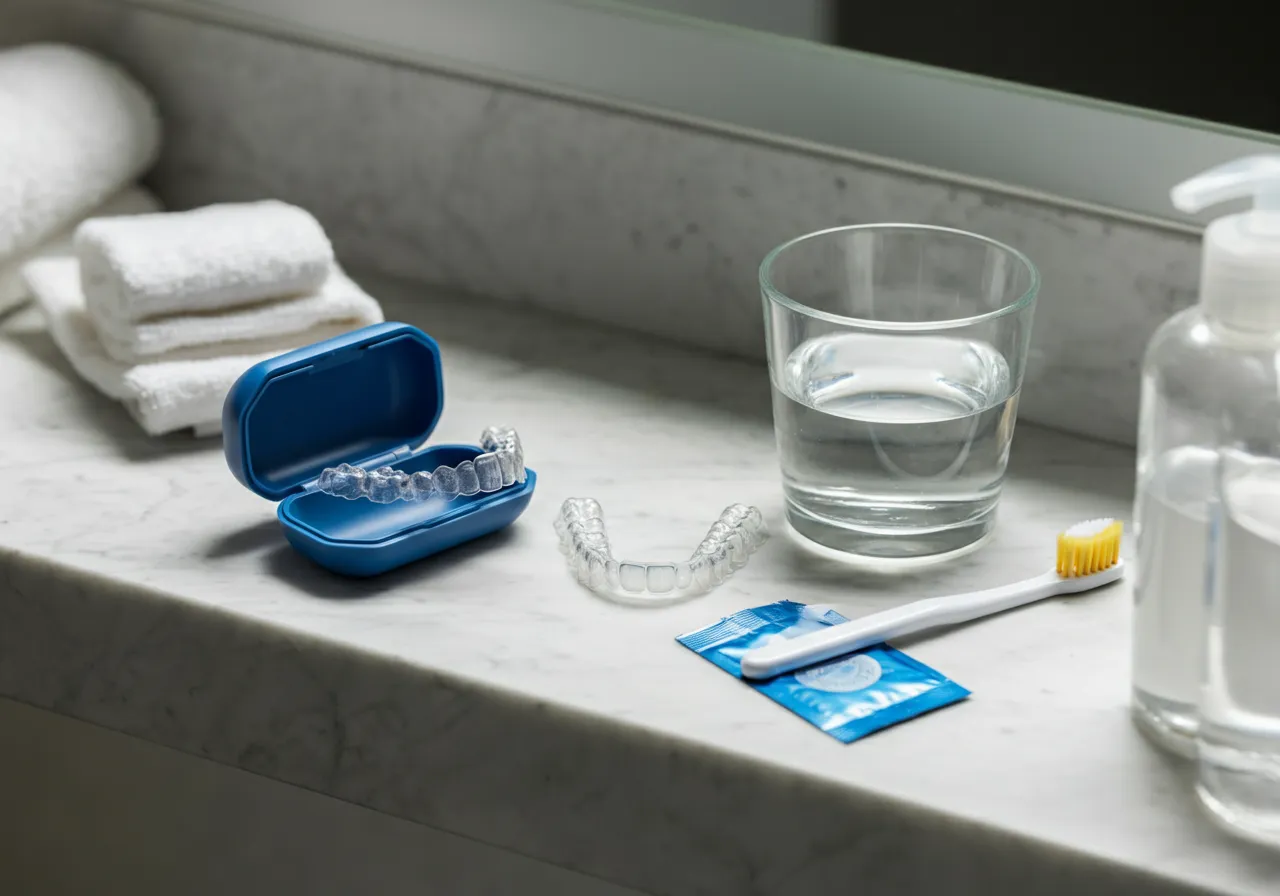 Clear dental aligners with blue case, glass of water, toothbrush, and dental floss on bathroom counter.