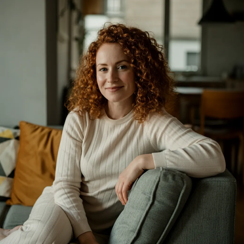 Smiling woman with curly red hair sitting on a gray couch in a cozy room.