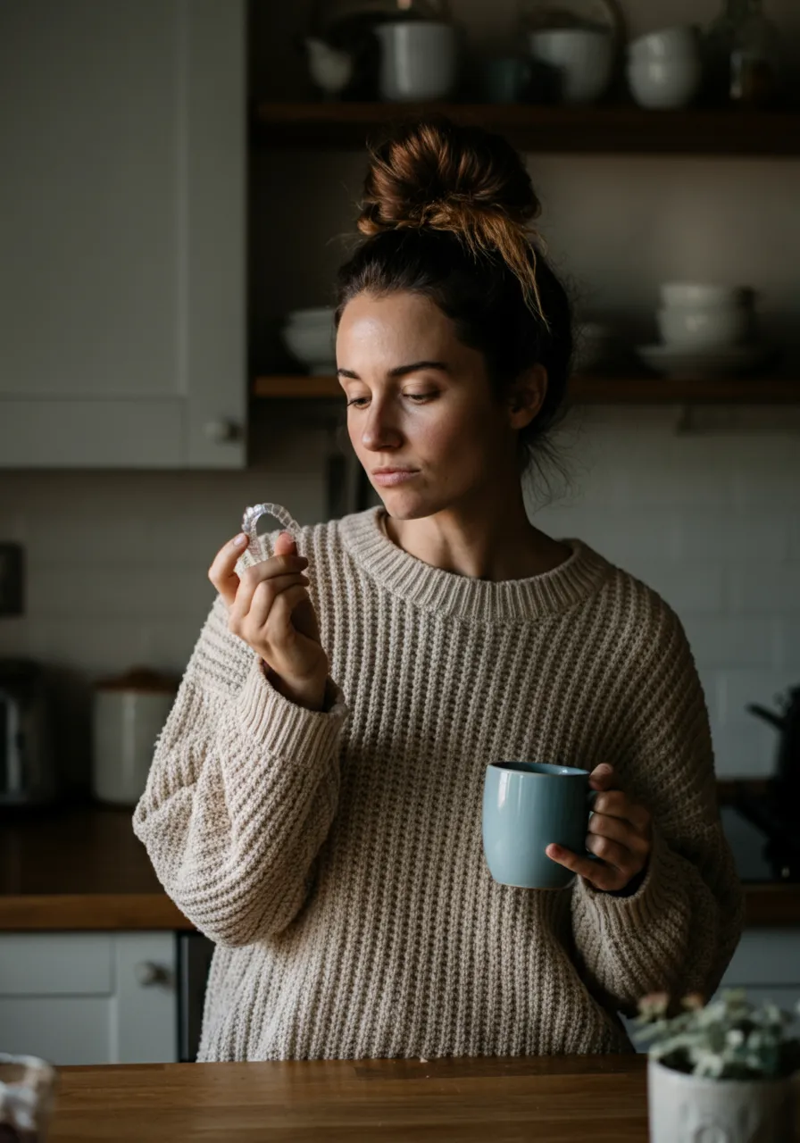 Woman in beige sweater holding an Invisalign aligner in one hand and a blue mug in the other.