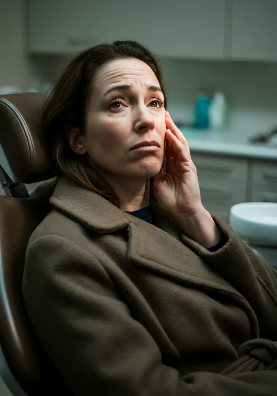 Woman in coat sitting in a dental chair holding her cheek, appearing to have tooth pain.