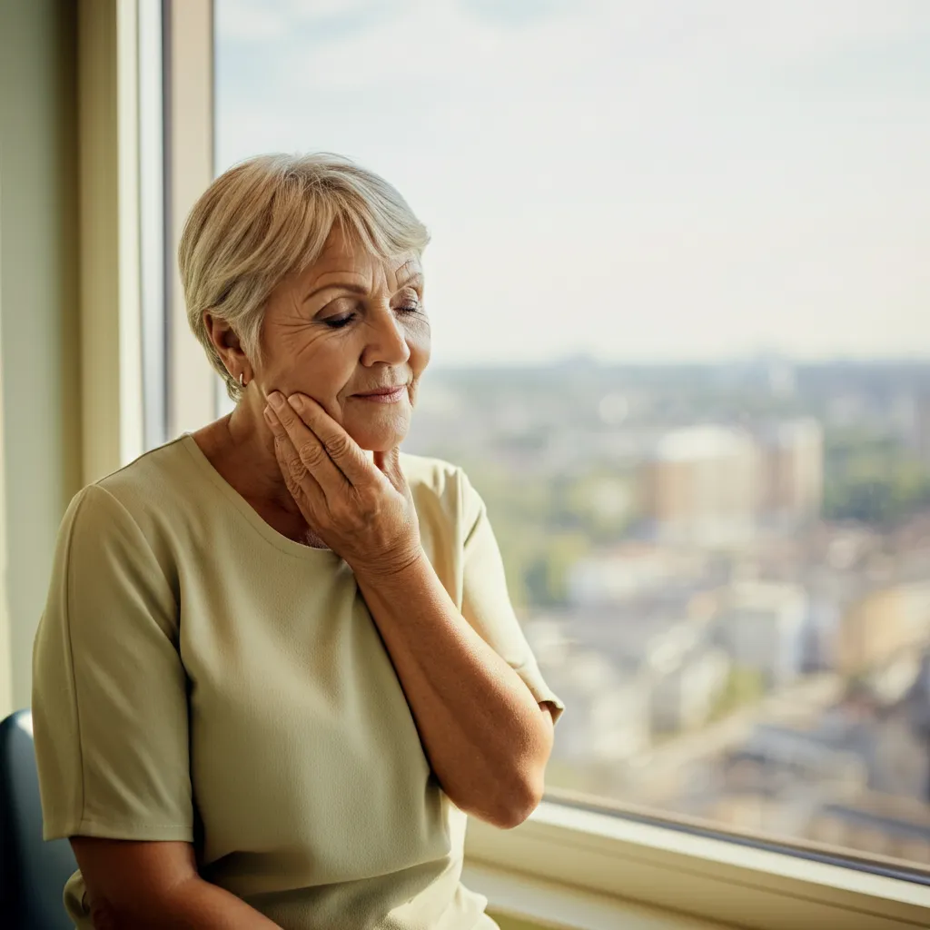 Older woman gently holding her jaw, sitting by a window with a blurred city view outside.