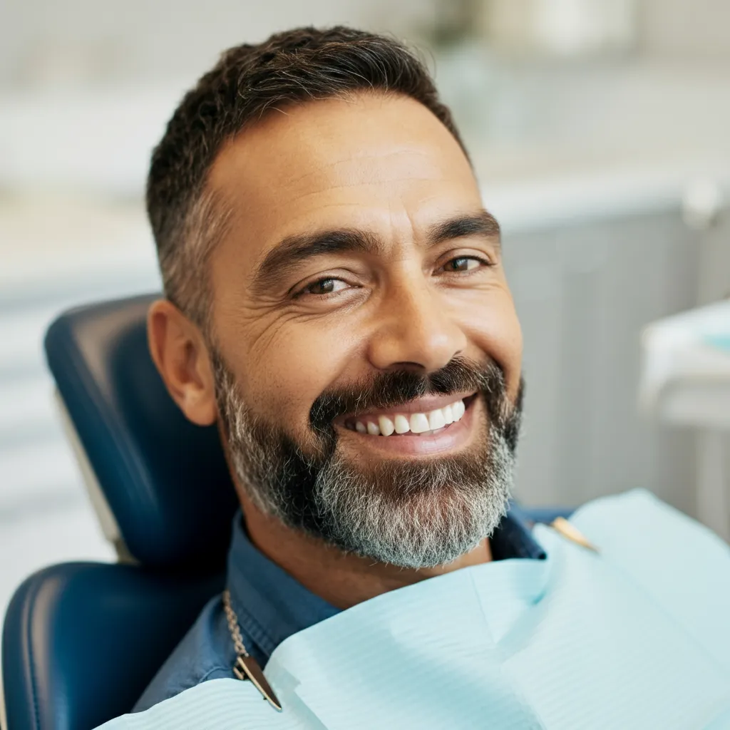 Smiling man with a beard sitting in a dental chair wearing a light blue dental bib.