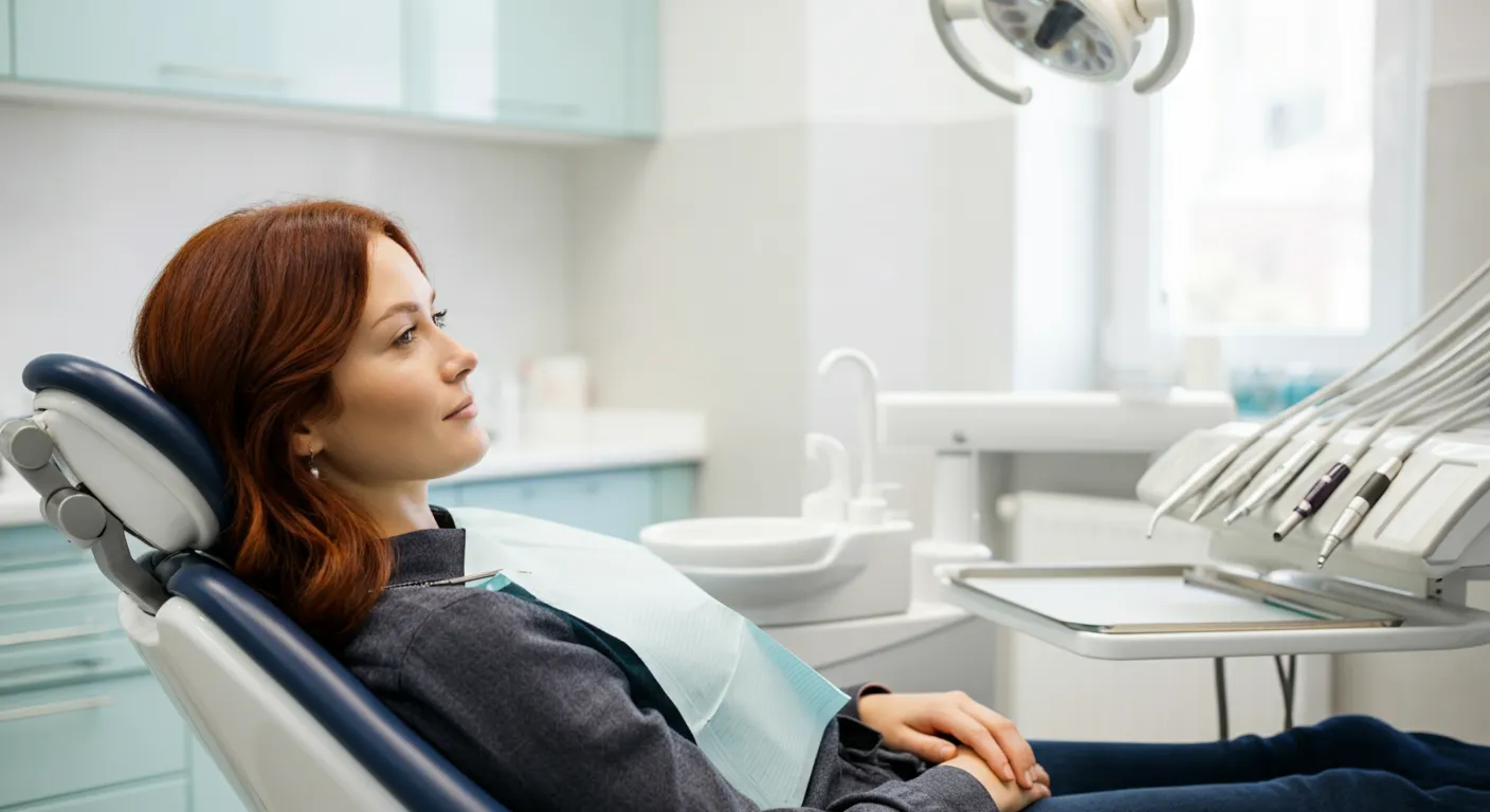 Woman with red hair reclining in a dental chair wearing a protective bib in a modern clinic.