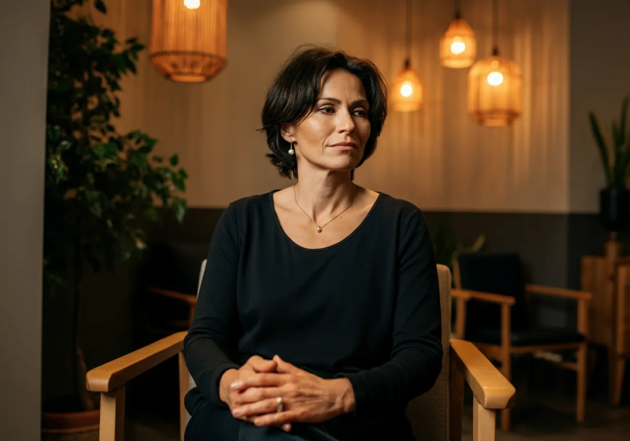 Woman in black sitting in wooden chair with hands clasped, warm hanging lights and plants in background.