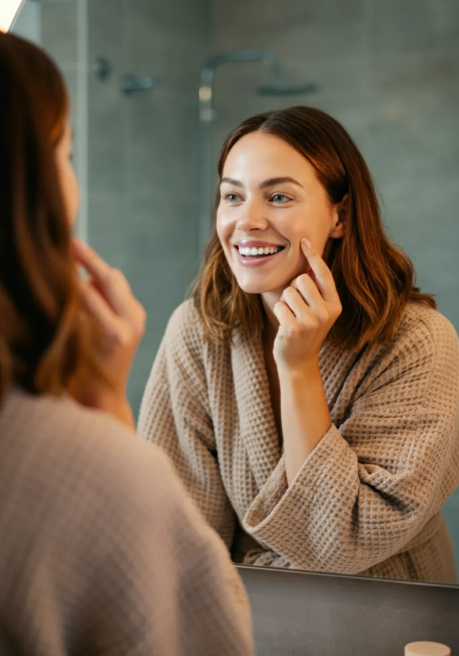 Smiling woman in beige robe touching her face while looking in a bathroom mirror.