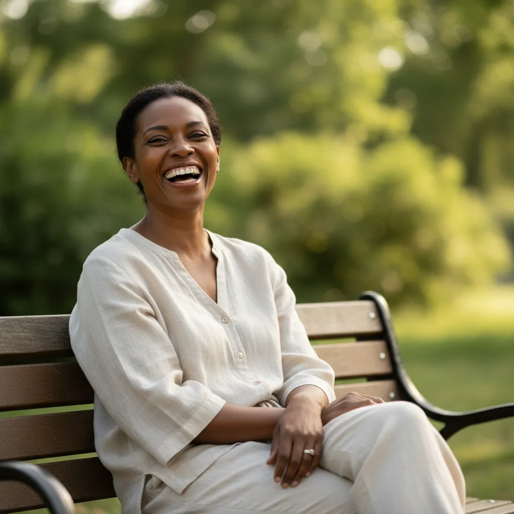Smiling woman wearing light clothes seated on a park bench with blurred green foliage background.