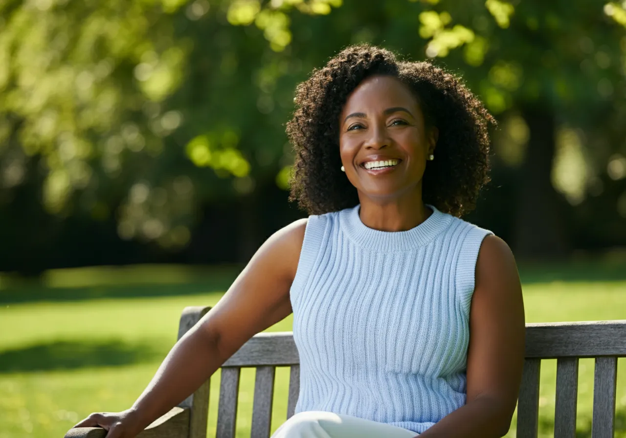 Smiling woman with curly hair wearing a light blue sleeveless sweater sitting on a park bench.