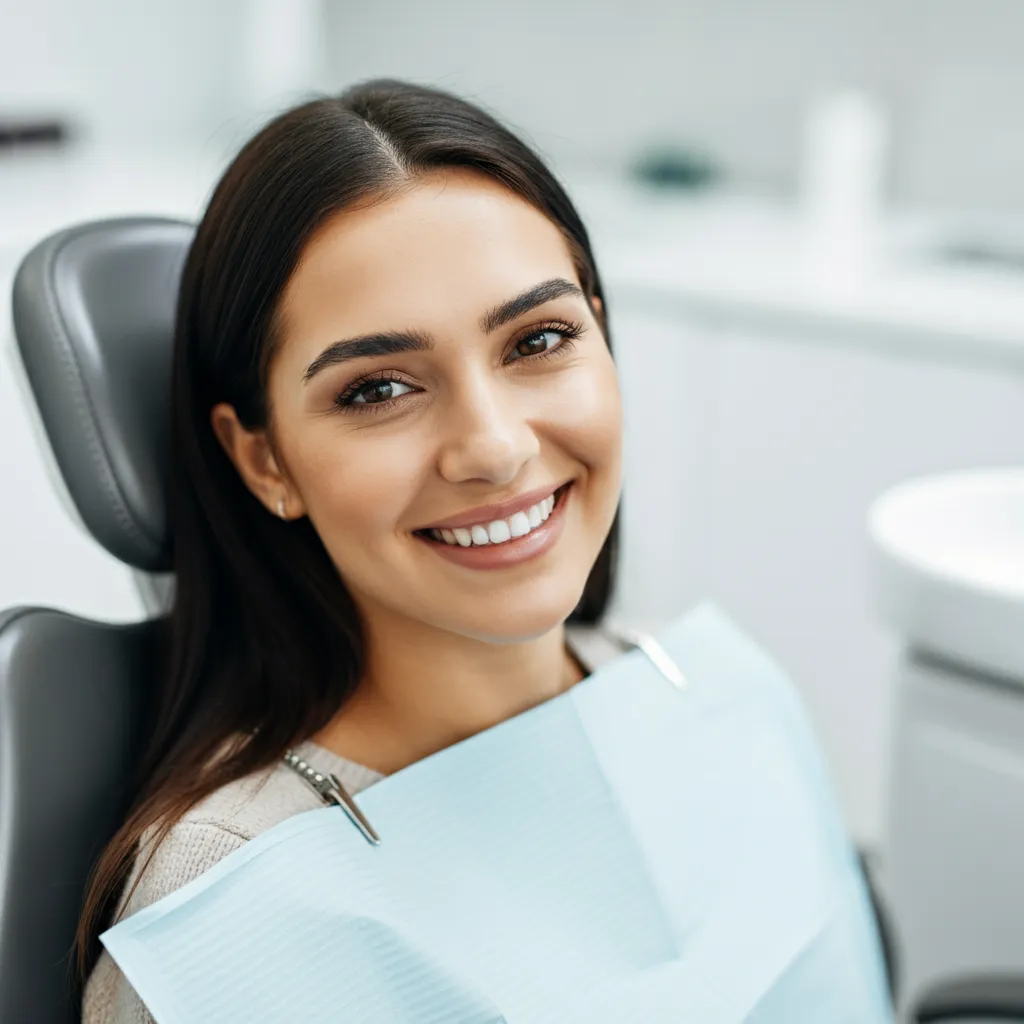Smiling woman with bright white teeth sitting in a dental chair wearing a blue dental bib.
