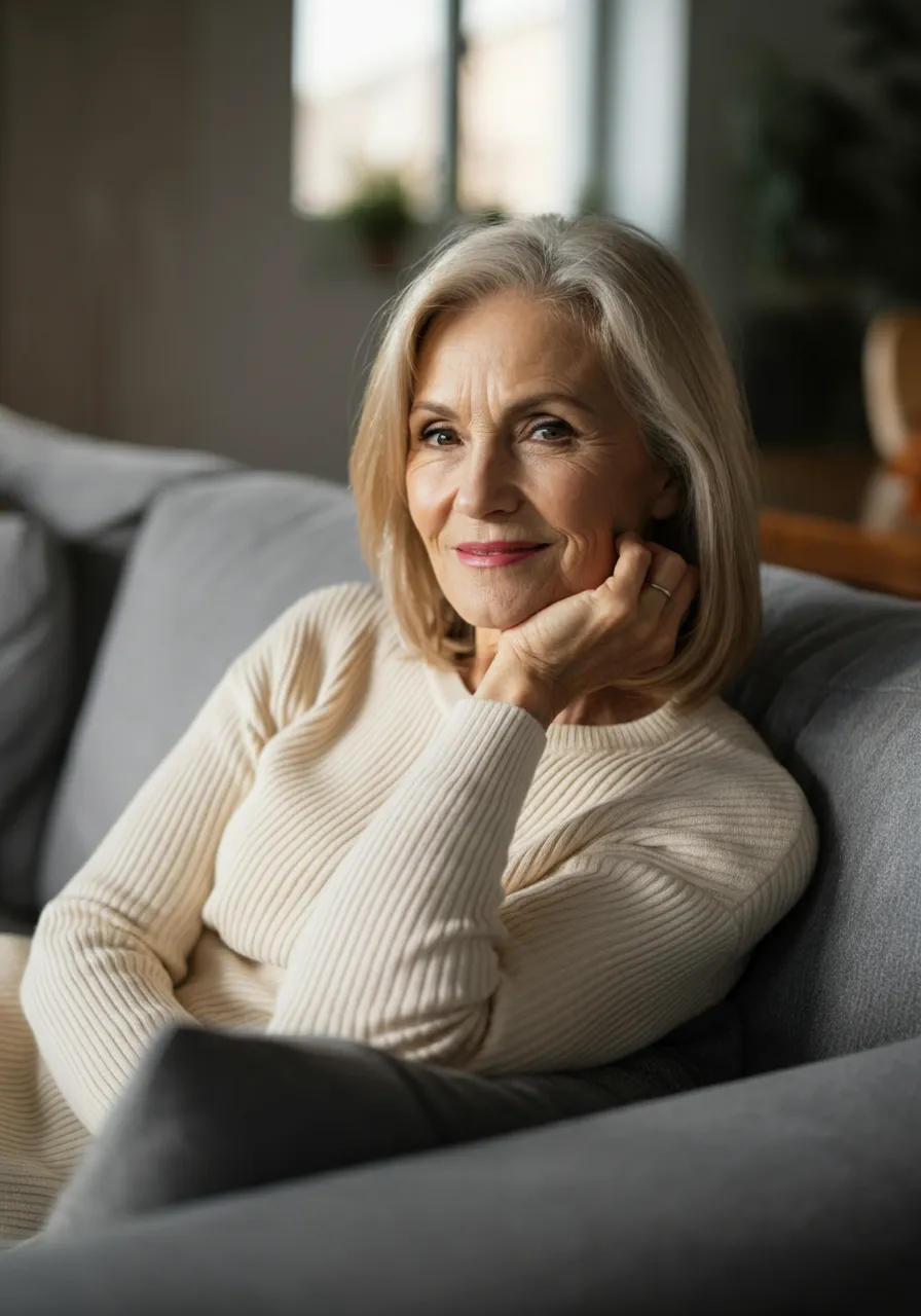 Smiling older woman with gray hair resting her chin on her hand on a gray couch.