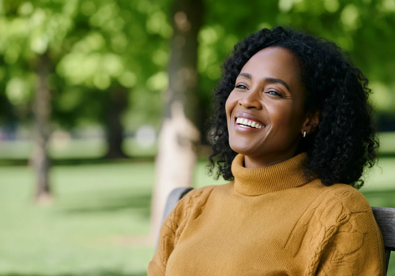 Smiling woman with curly hair in a mustard sweater sitting on a bench in a green park.
