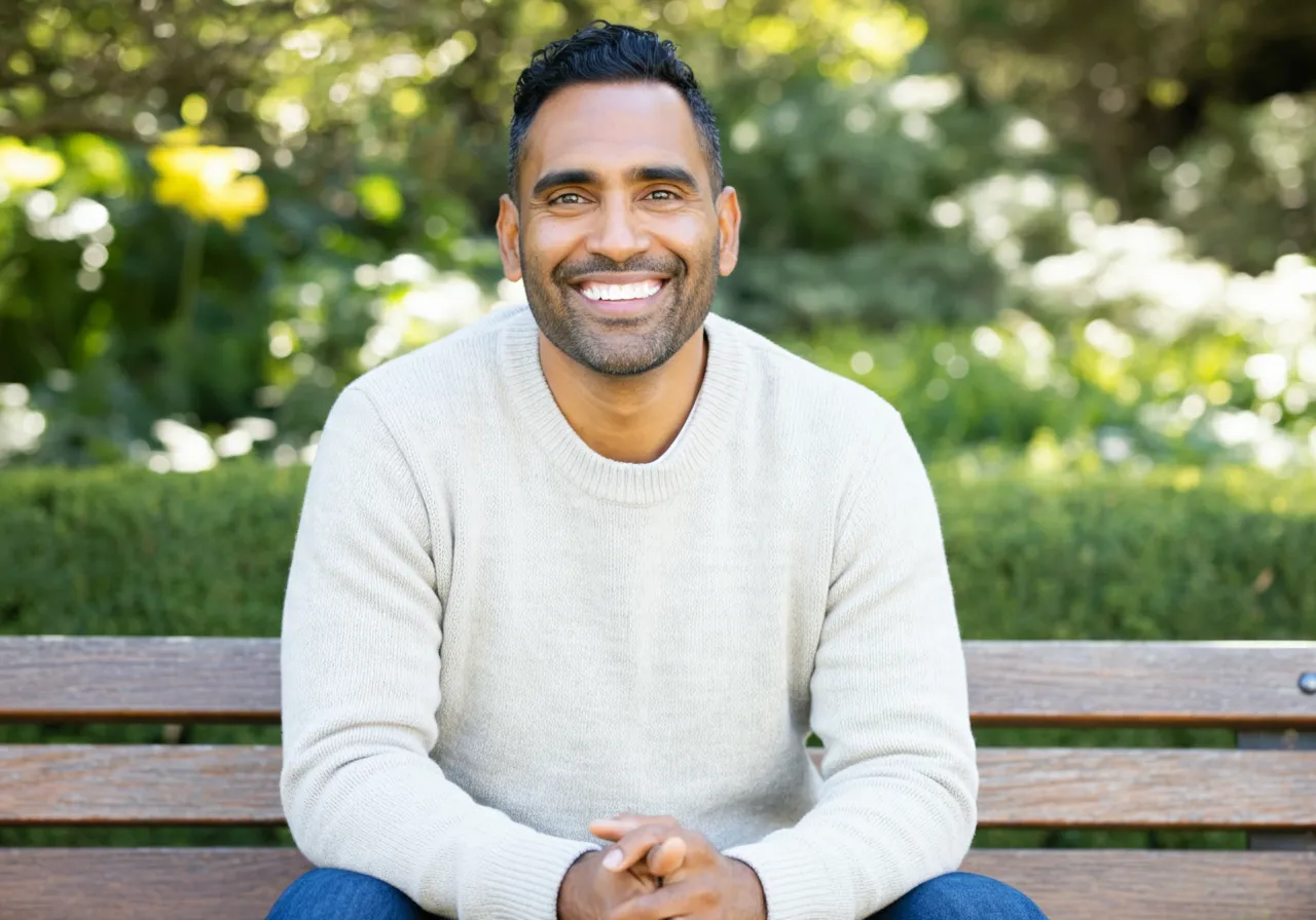 Smiling man in a light sweater sitting on a wooden bench outdoors with greenery in the background.