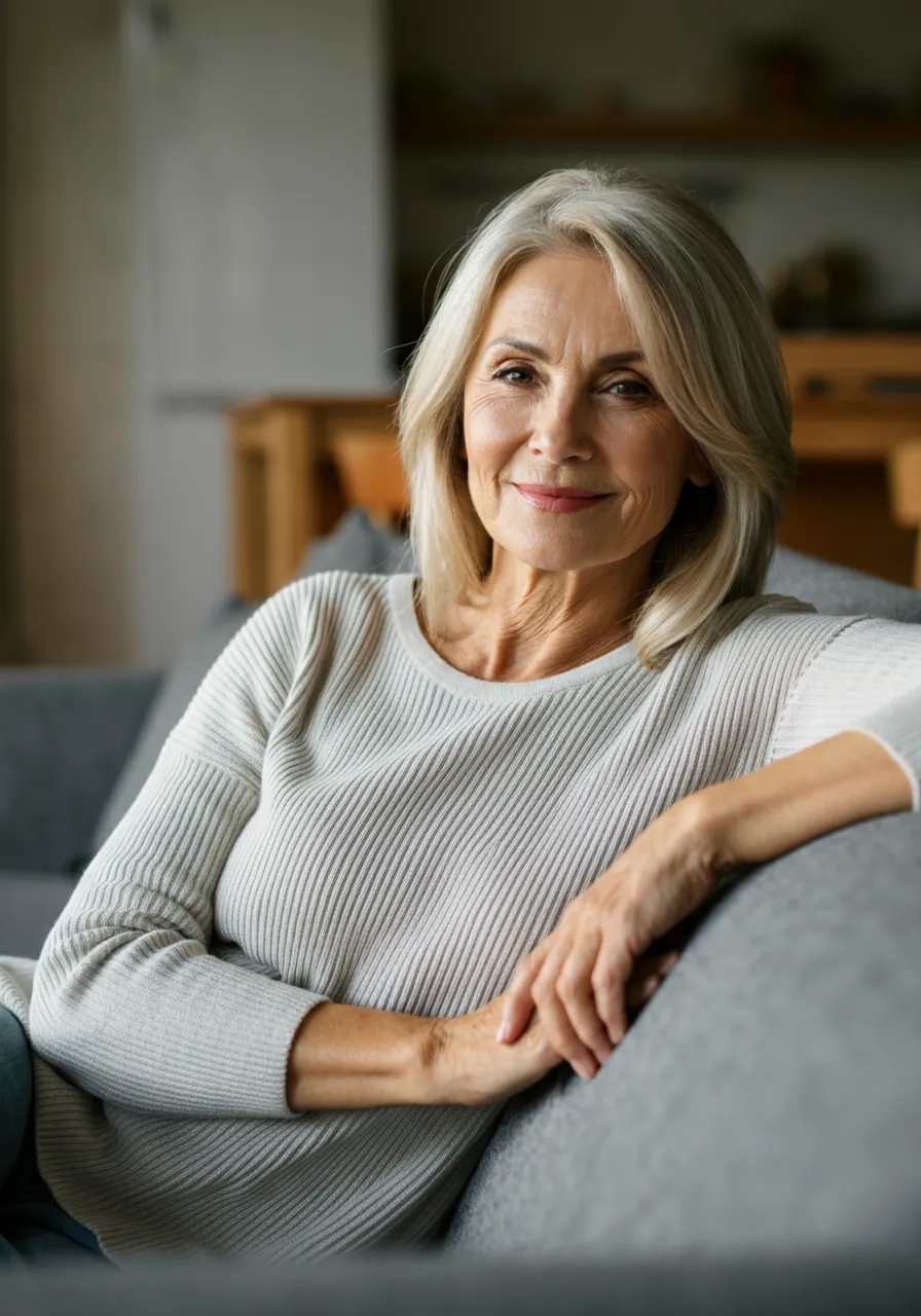Smiling mature woman with gray hair sitting on a gray couch wearing a light sweater.